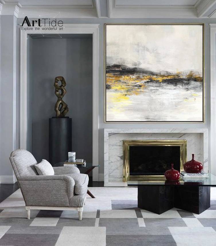 White Handmade Living Room Yellow Abstract Canvas Wall Art EL6CZ